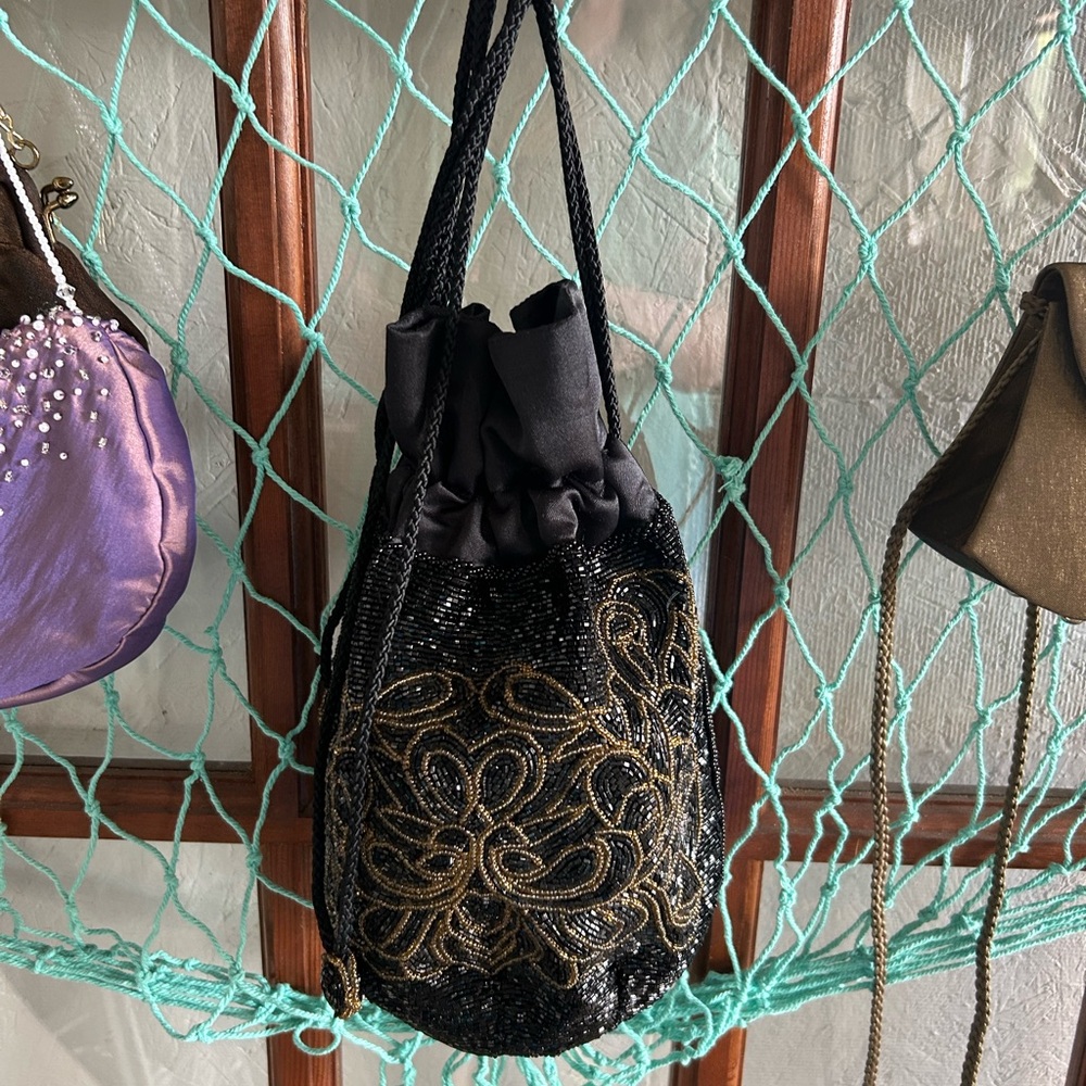 Drawstring pouch bag with gold details. Great costume piece for renfair